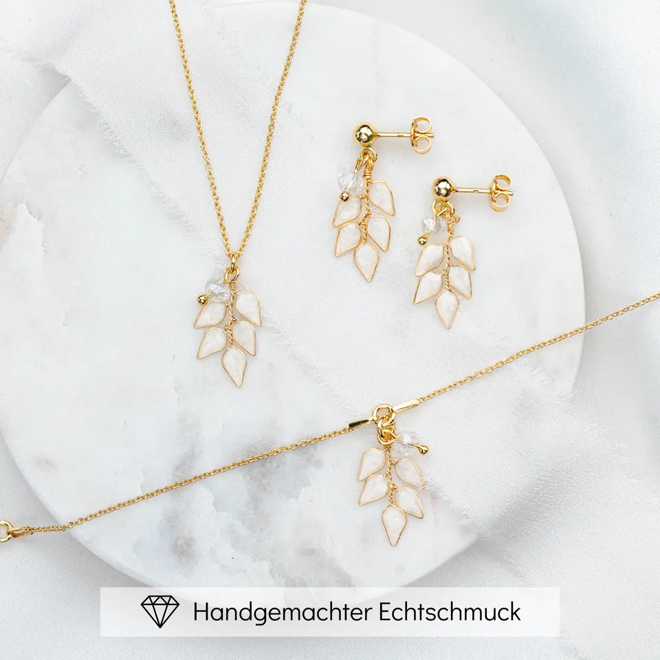 Perlenbräute Lana Brautschmuck Set Blätter Silber Kette 45cm