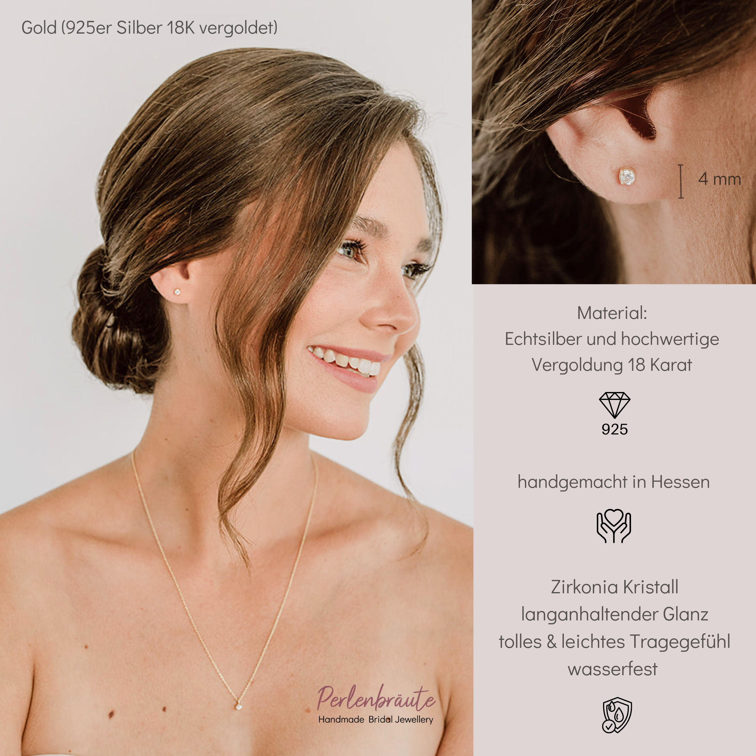 Perlenbräute Ohrringe Sanna Ohrstecker Gold Zirkonia 4 mm