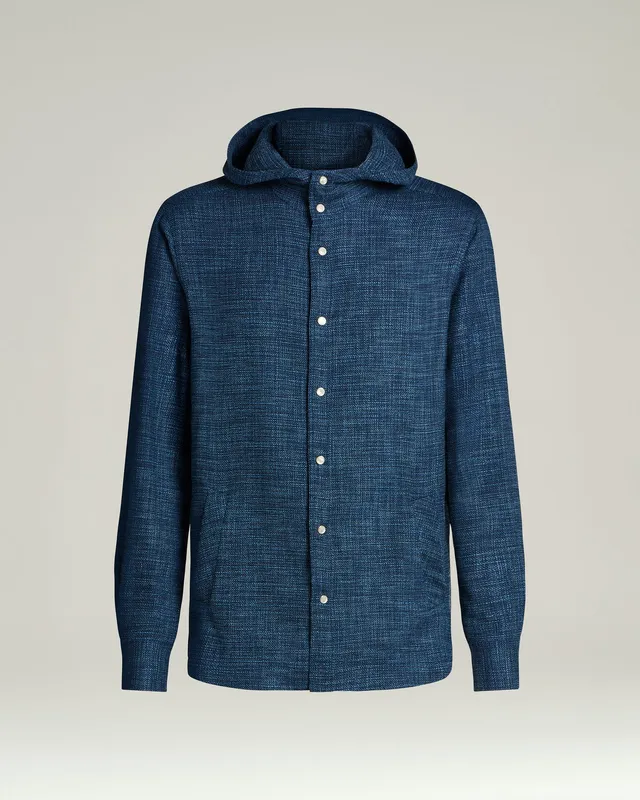 Kiton Shirts Overshirt Blau Kapuze Naturfaser