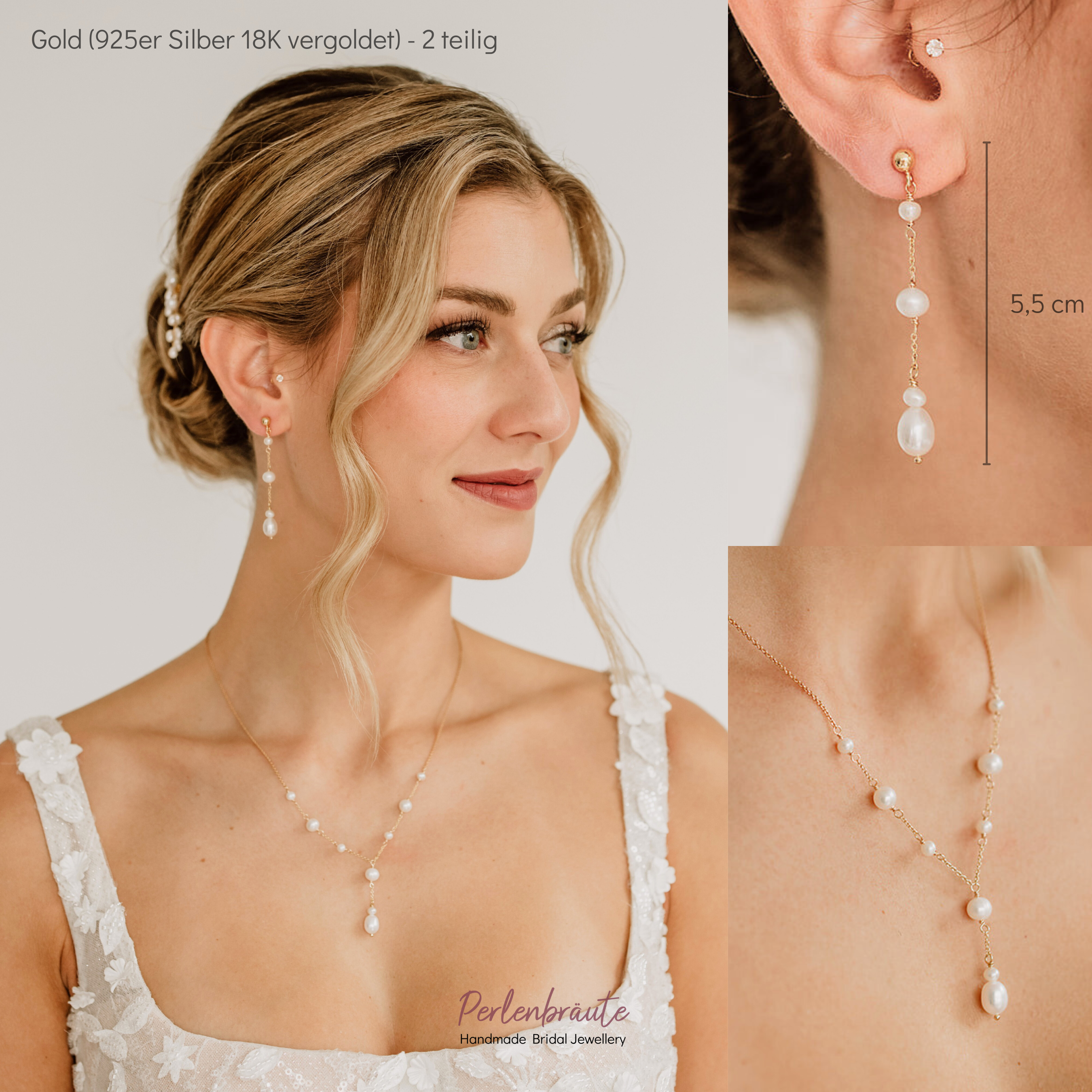 Perlenbräute Joy Brautschmuck Set Perlen Gold Ohrringe Y-Kette
