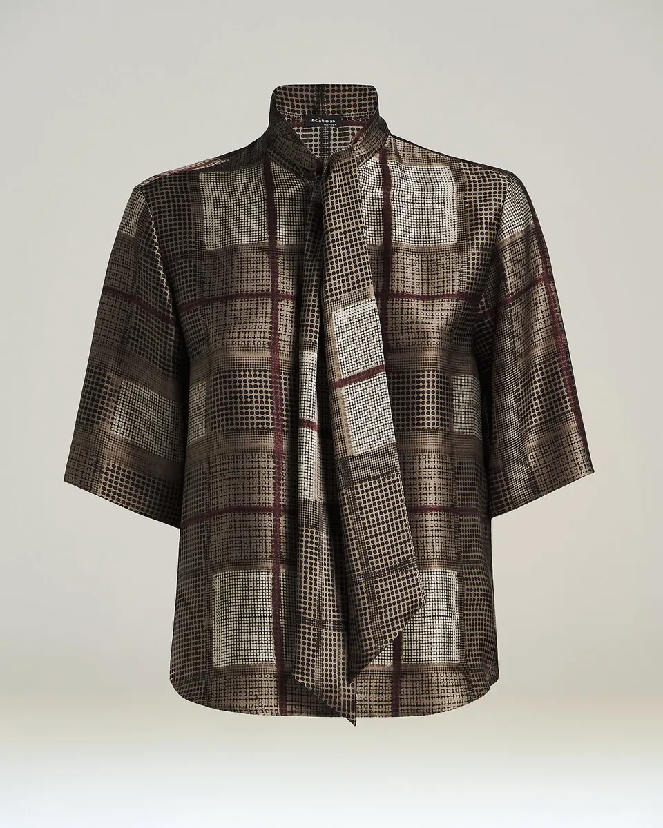 Kiton Shirts Seidenbluse Taupe Geometrie-Print 40