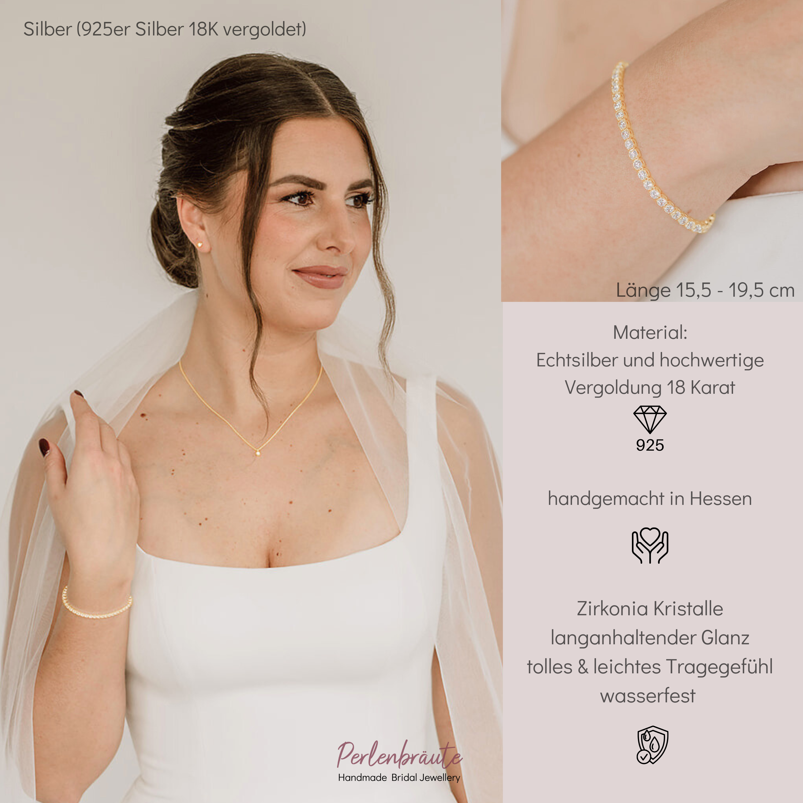 Perlenbräute Sanna Tennisarmband Gold 16-19cm mit Zirkonia