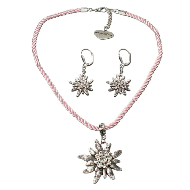 Alpenflüstern DAHEIM SET021 Trachtenset Kordelkette Edelweiß rosa