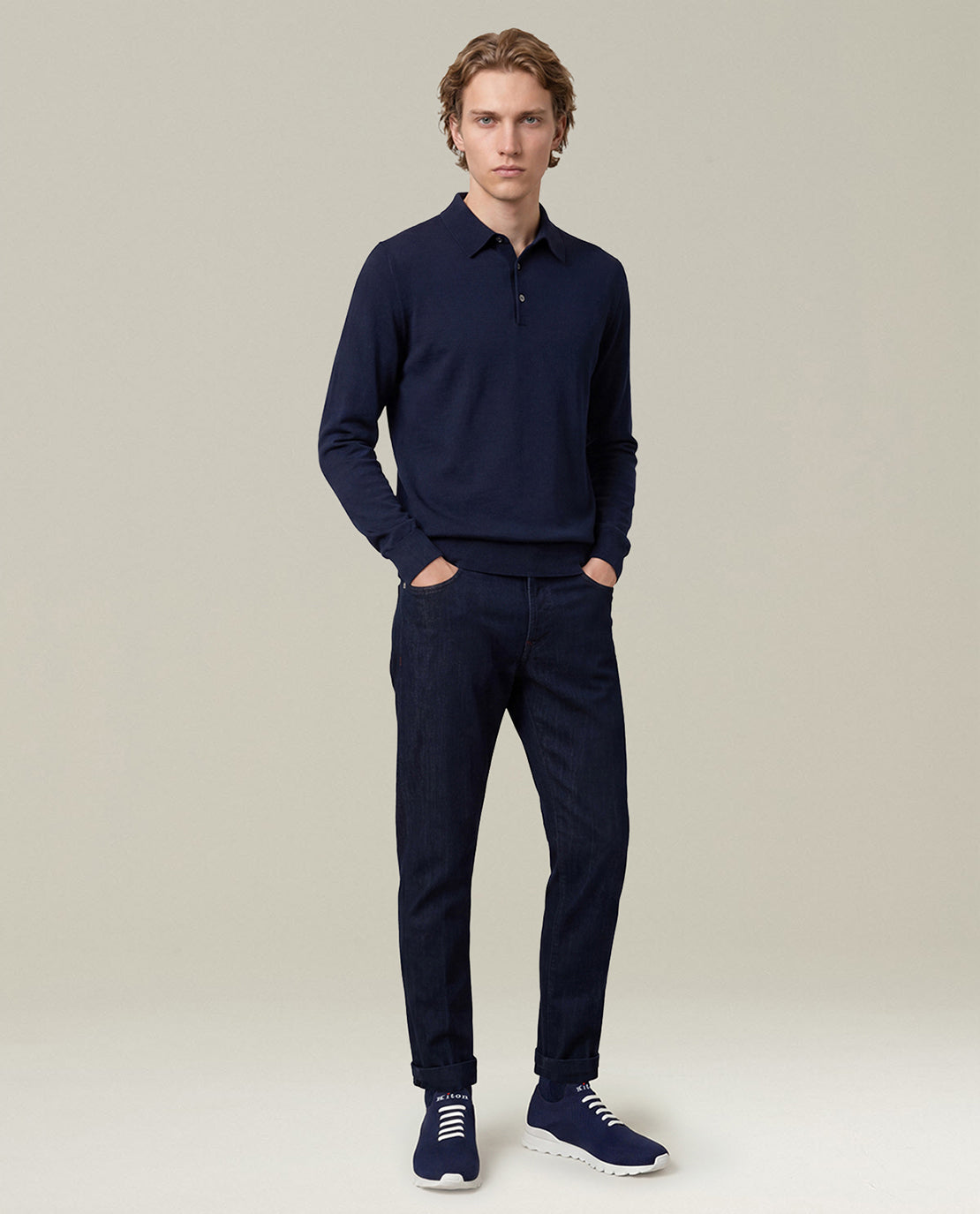 Kiton Navy 14-Micron Langarm-Polo Poloshirt Wolle
