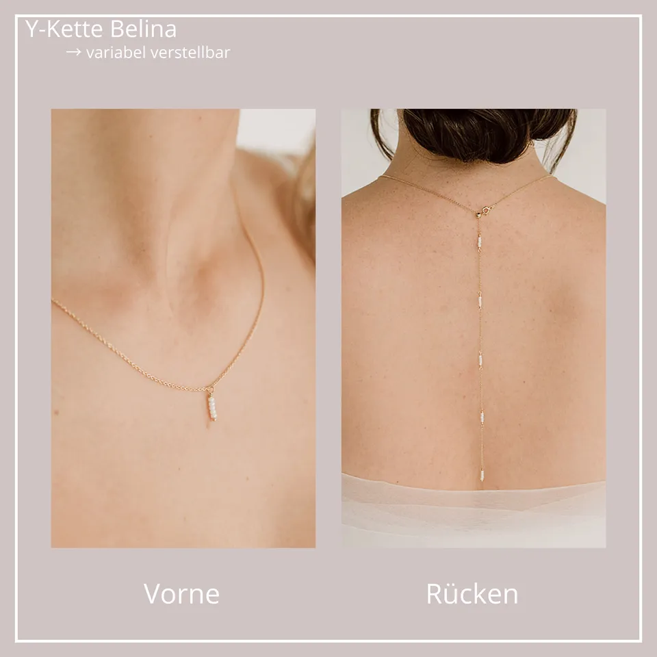 Perlenbräute Belina Halskette Rückenkette Y-Kette Perlen Gold