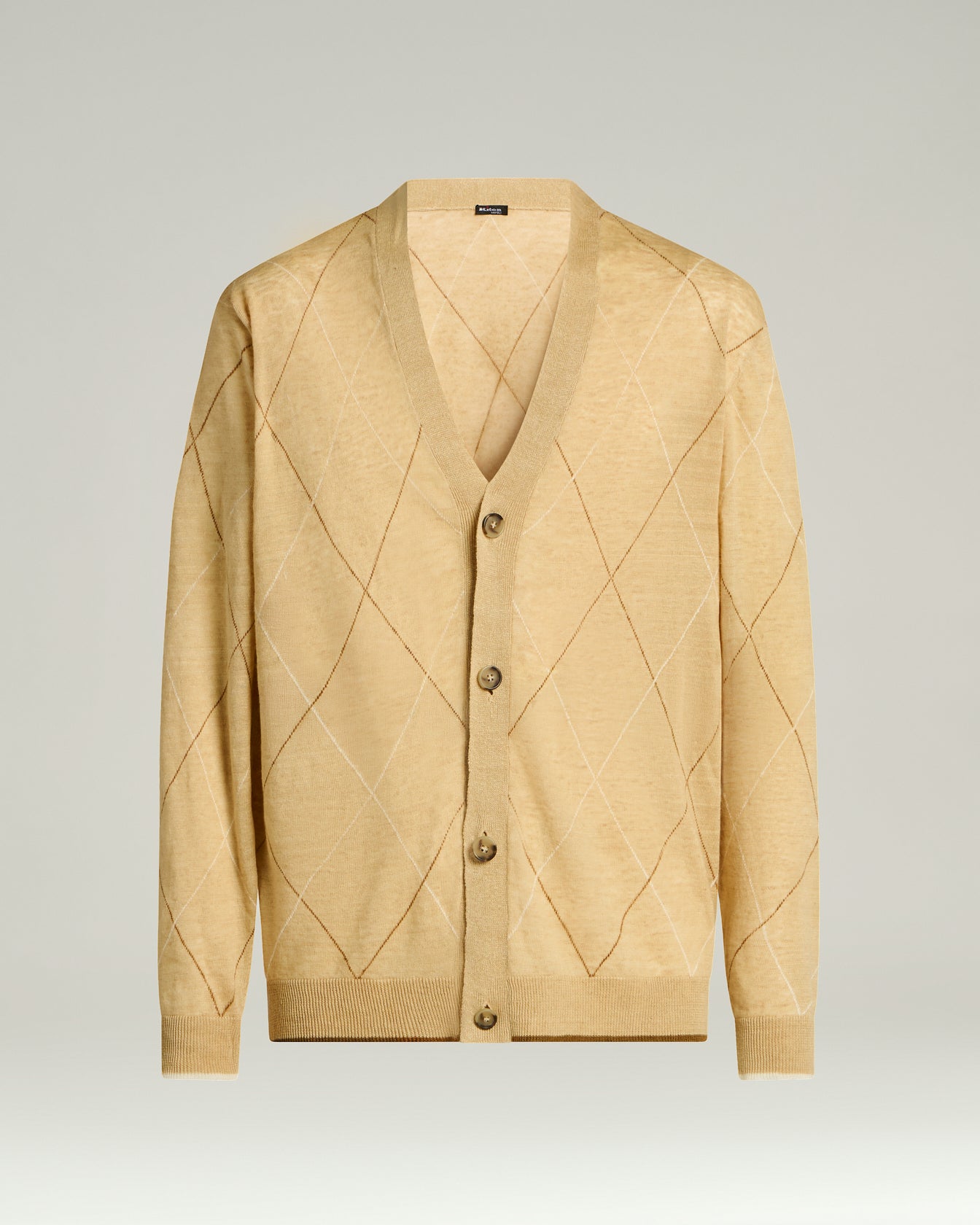 Kiton Cardigan Leinen Beige Rautenmuster