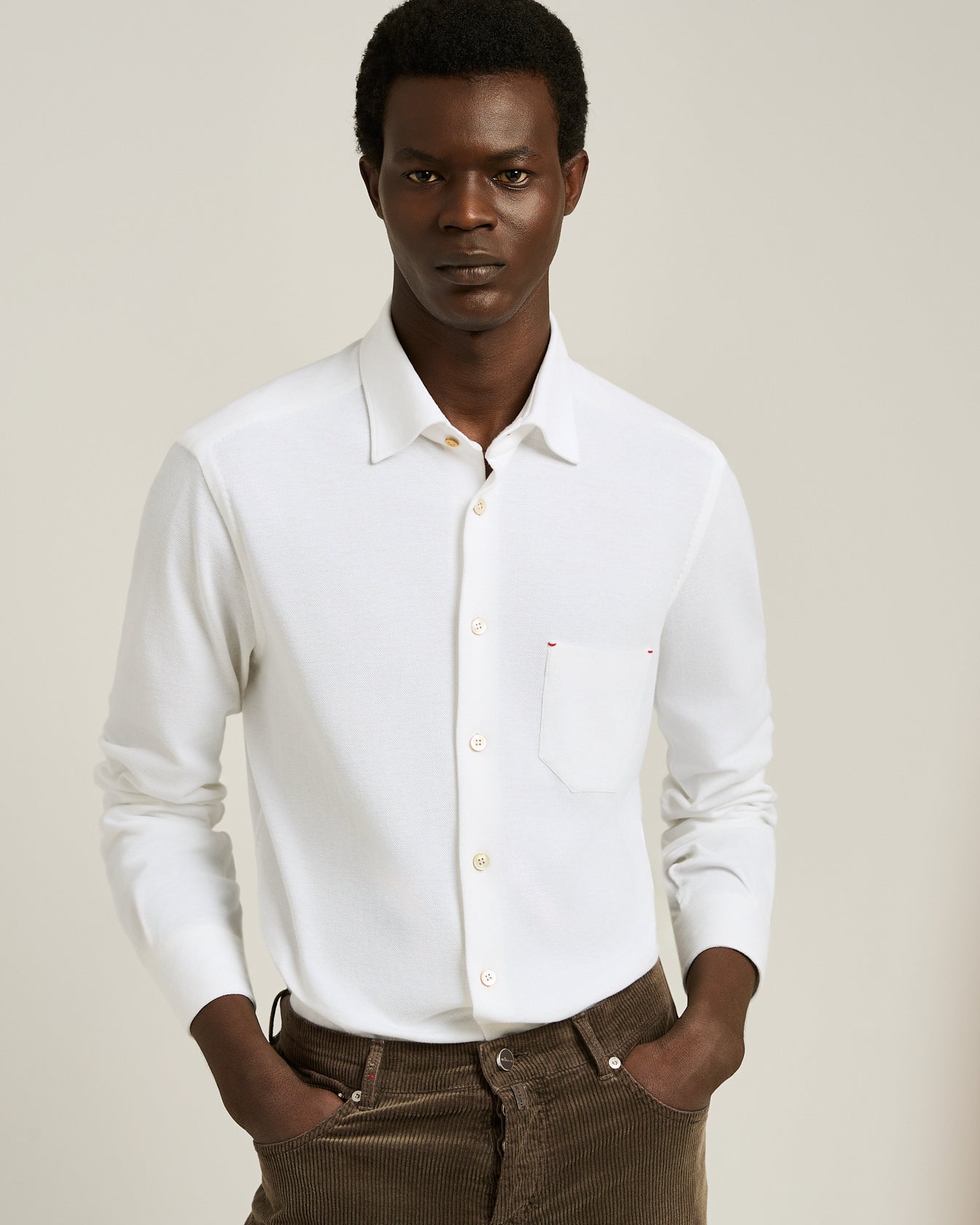 Kiton Nerano Shirt Jerseyhemd Weiß Baumwolle Druckknopf