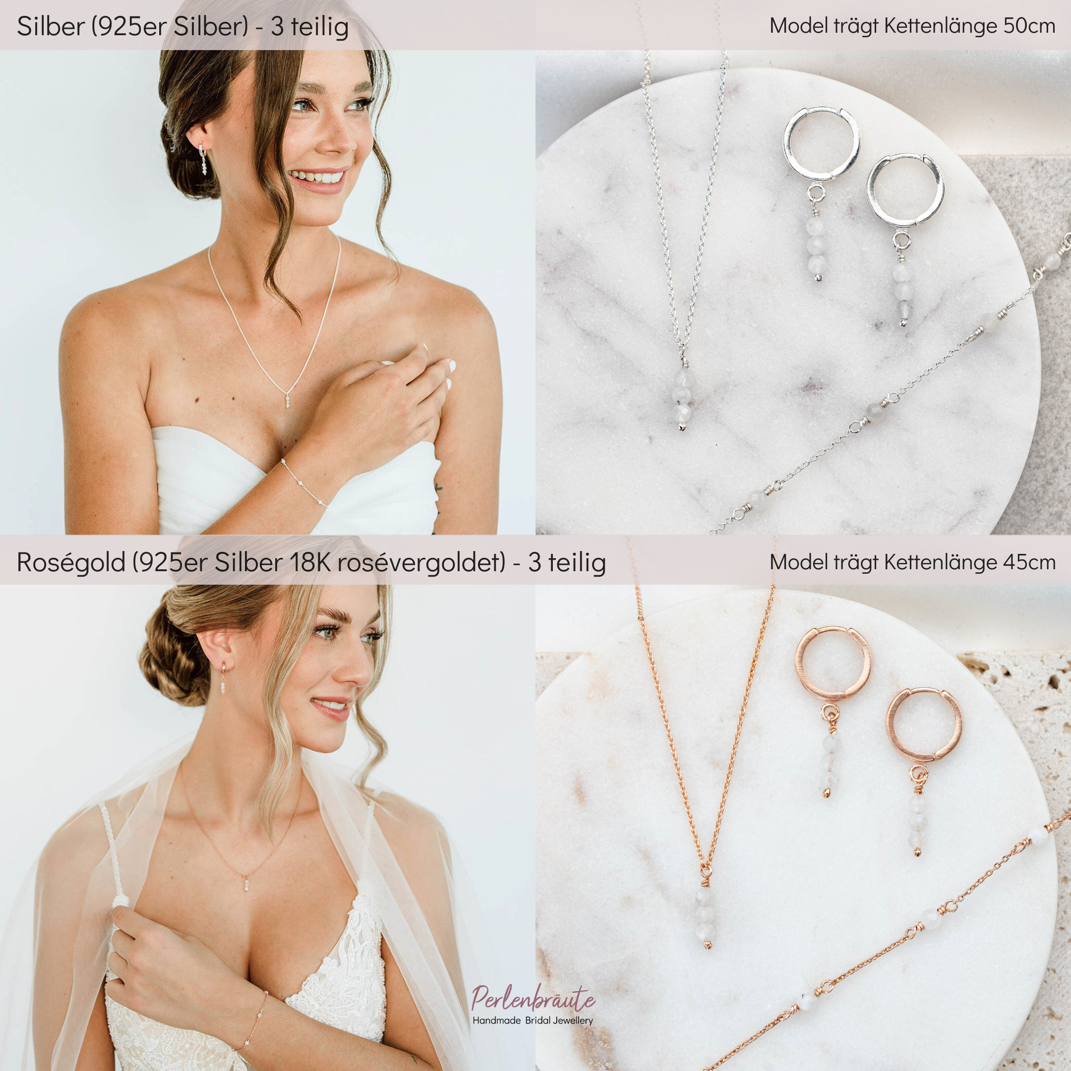 Perlenbräute Luna Brautschmuck Set Mondstein Gold 45cm