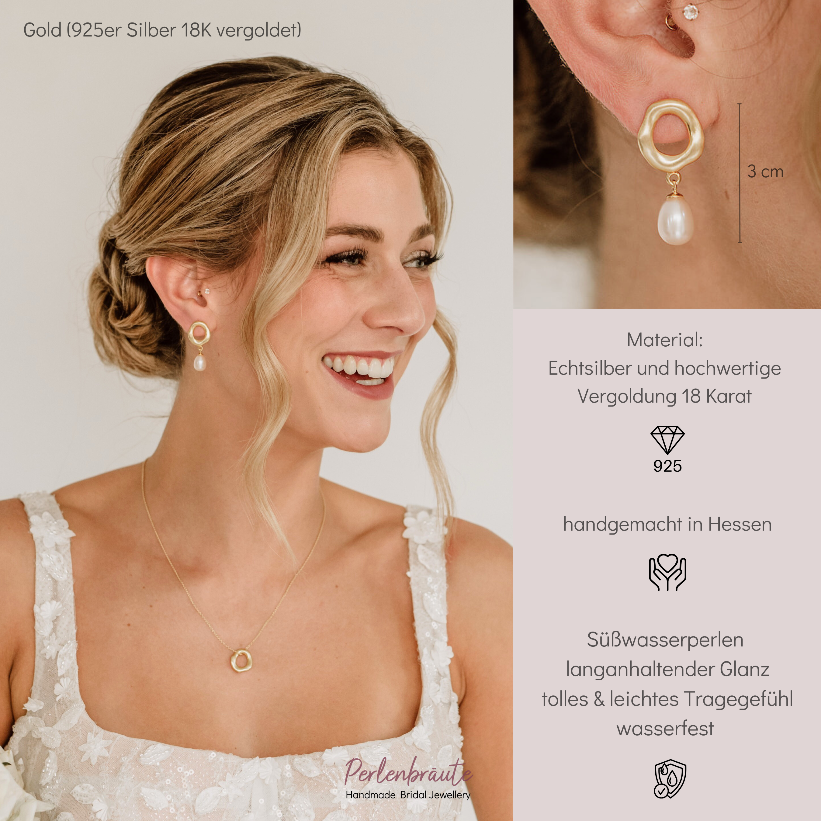 Perlenbräute Allora Ohrringe mit echter Perle Gold 3cm
