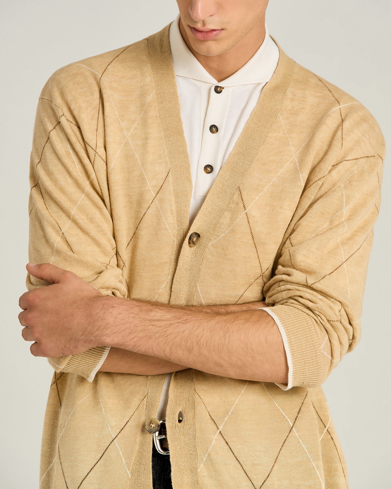 Kiton Cardigan Leinen Beige Rautenmuster