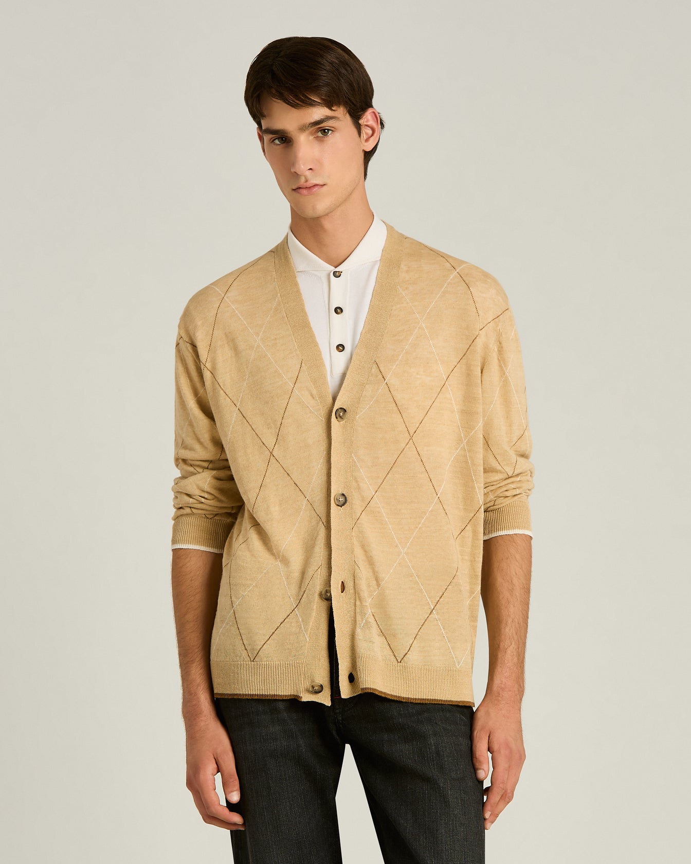 Kiton Cardigan Leinen Beige Rautenmuster