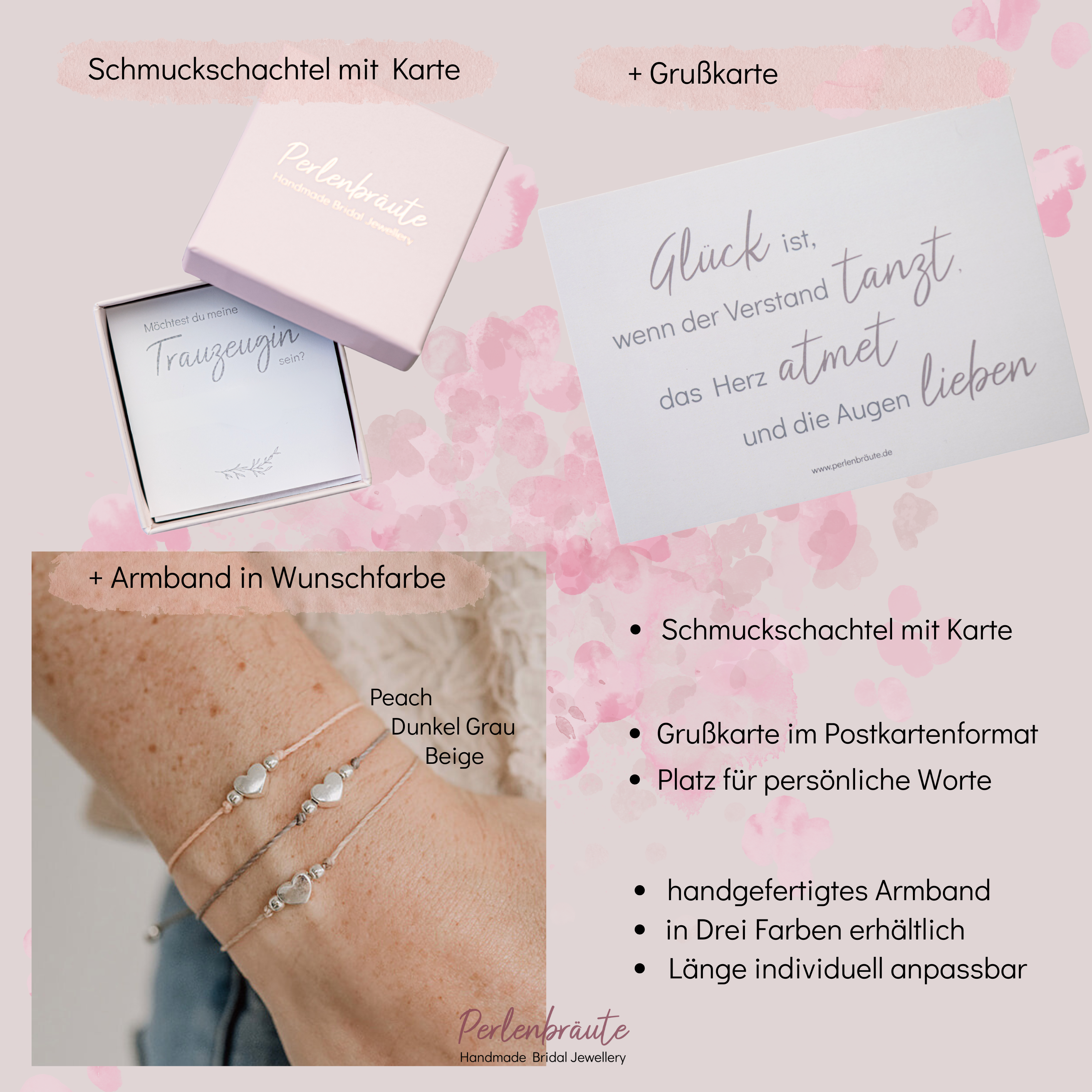 Perlenbräute Armbänder Trauzeugin Makramee Armband Gold Peach Herz