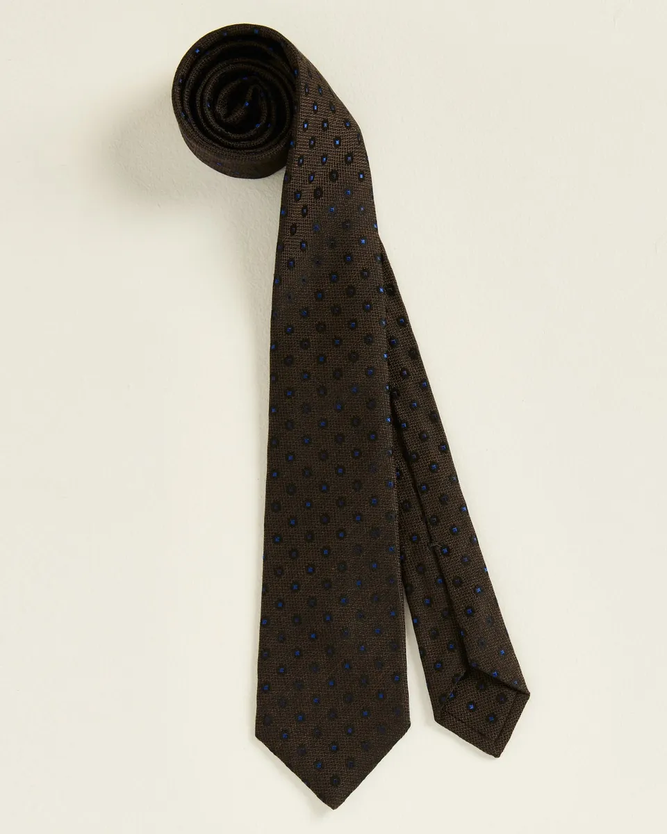 Kiton Krawatte Seide Tupfen blau auf braun 148cm