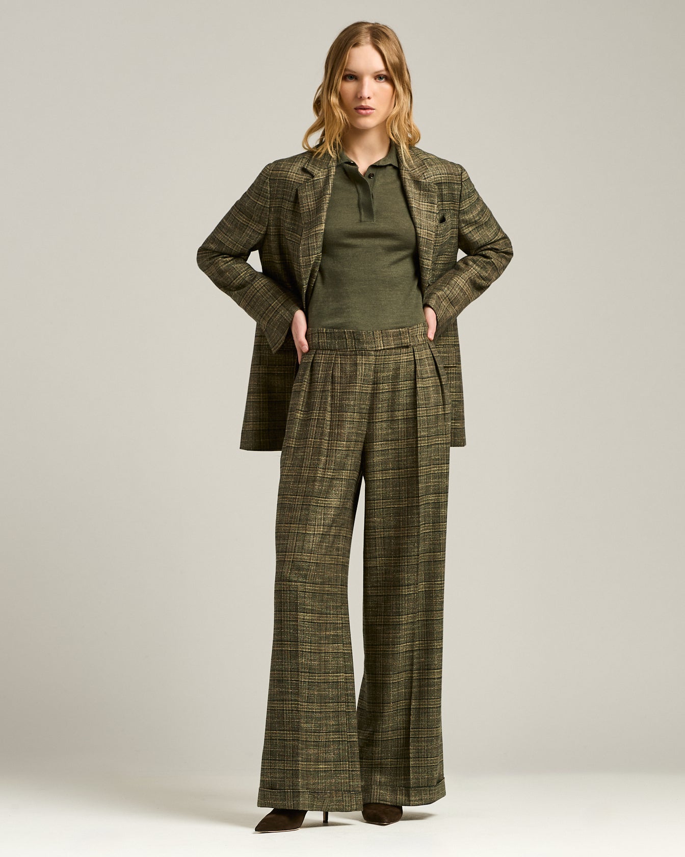 Kiton Trousers Palazzo Hose Viskose Grün Kariert Gr.40