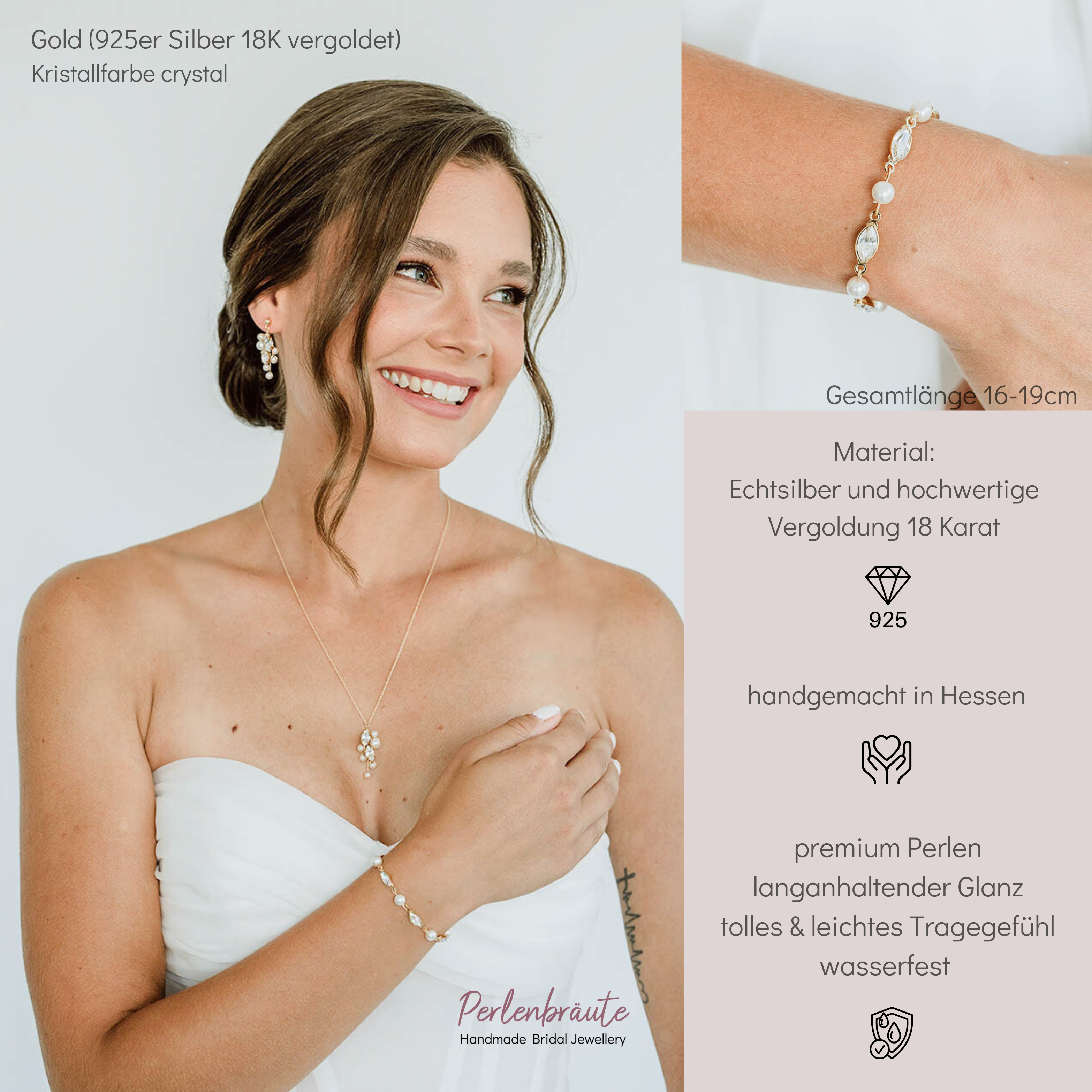 Perlenbräute Kylie Armband Gold mit Perlen und Kristallen