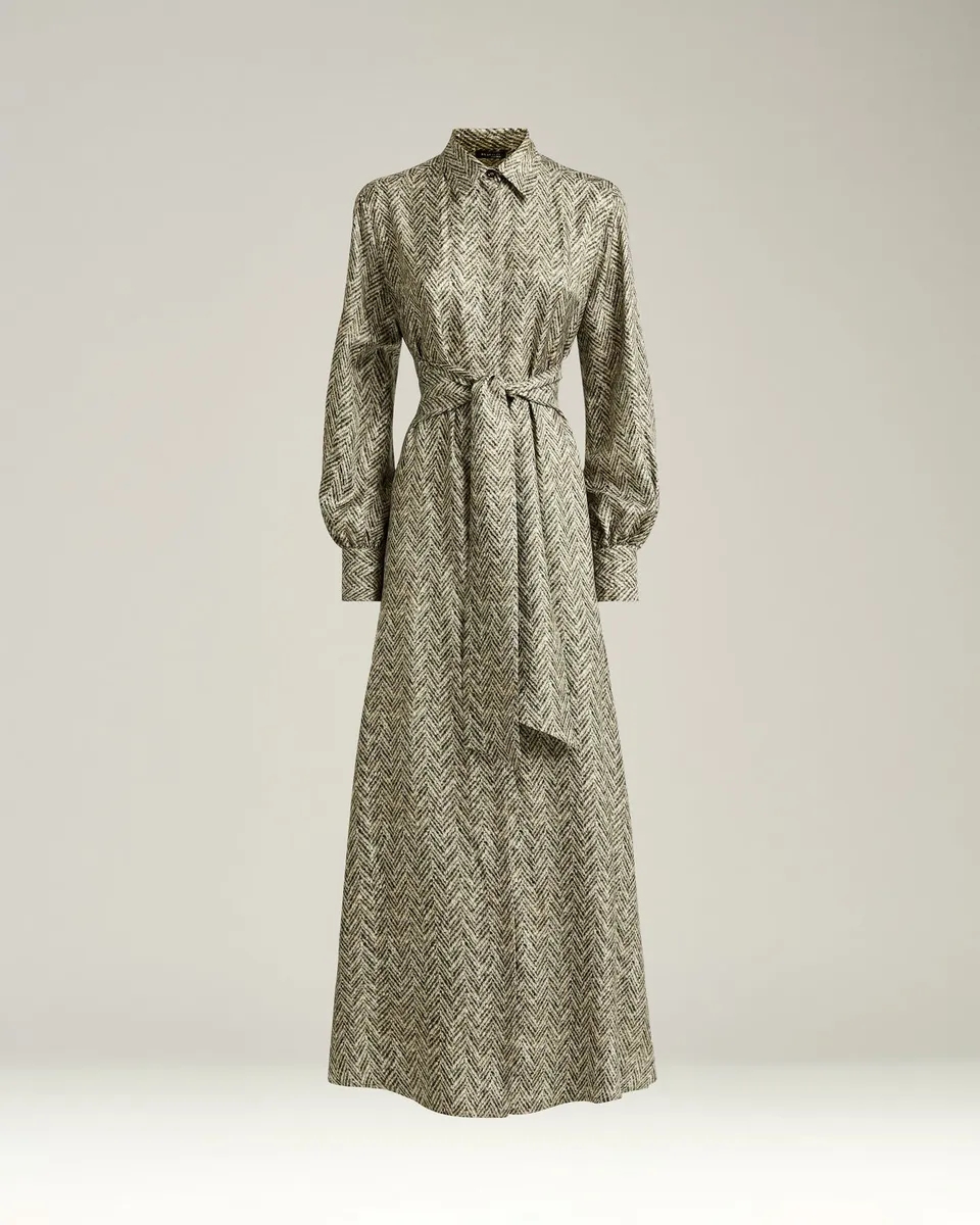 Kiton Hemdkleid Seidenkleid Grau Chevron Lang mit Gürtel