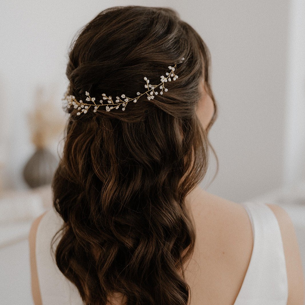 Perlenbräute Susi Brauthaarschmuck Headpiece Gold Perlen 37cm