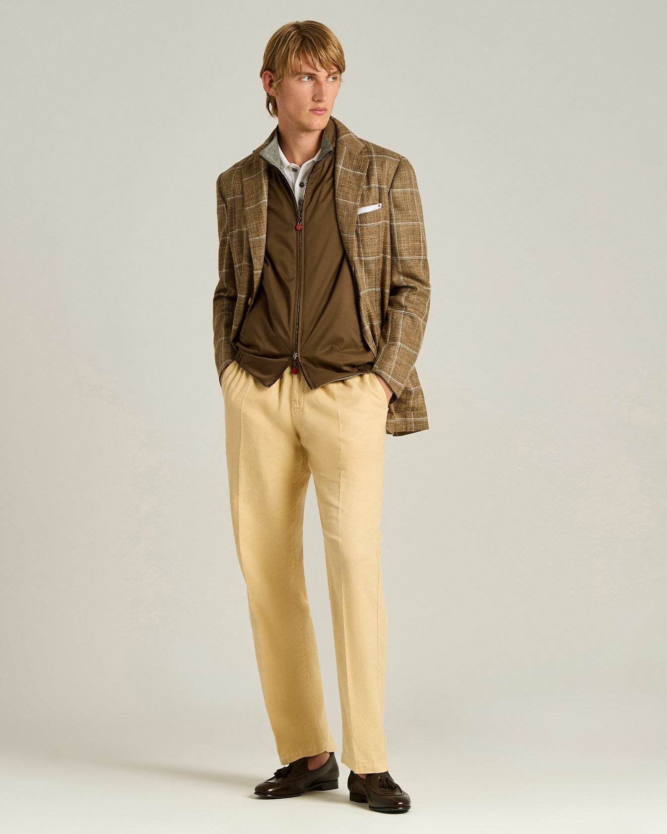 Kiton Leinen Baumwoll Hose Natur Elastan Gr. 34