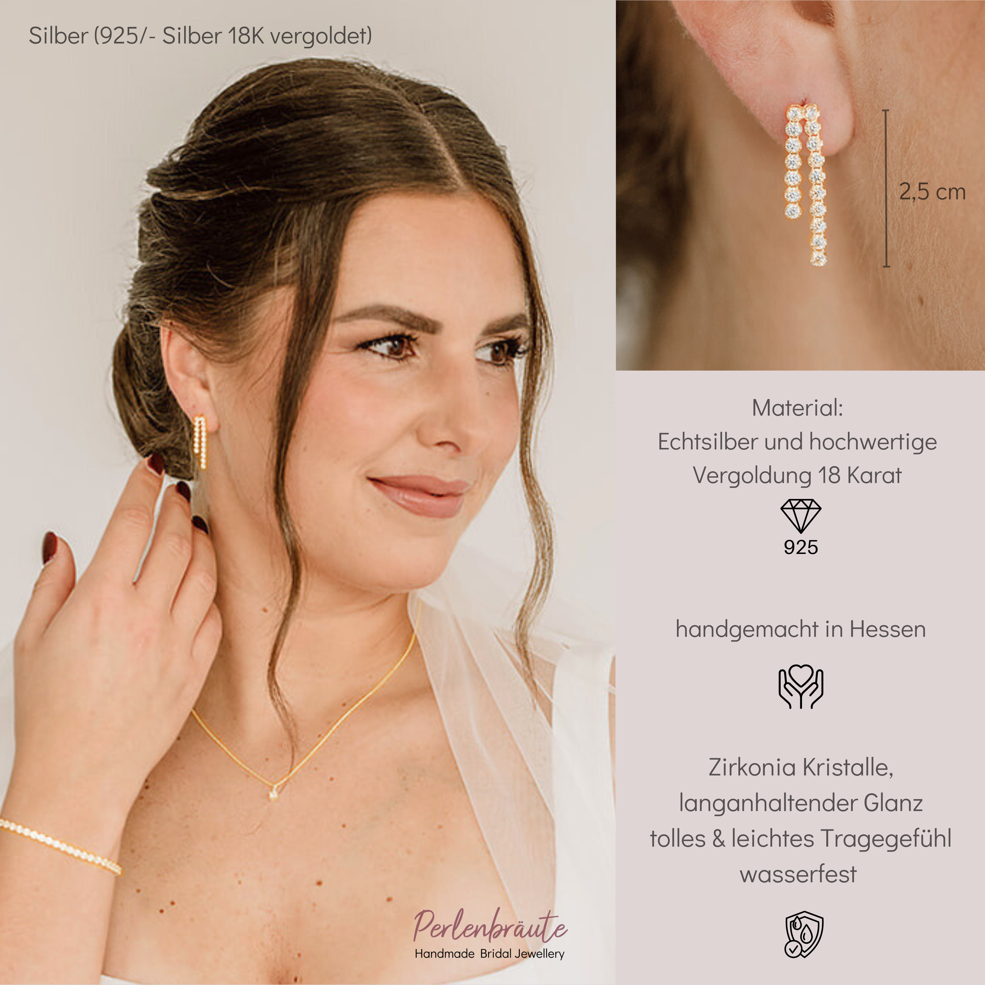 Perlenbräute Sanna Ohrringe Gold mit Zirkonia 2,5 cm