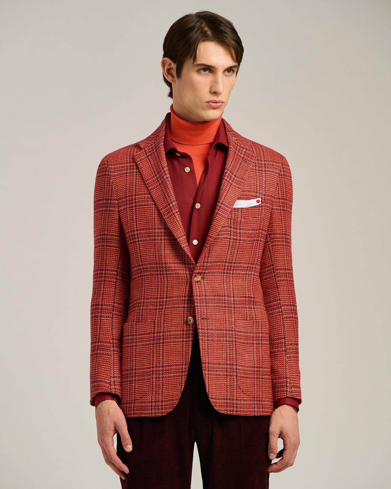 Kiton Sakko Glen Plaid Kaschmir Rot Einreihig Gr. 50