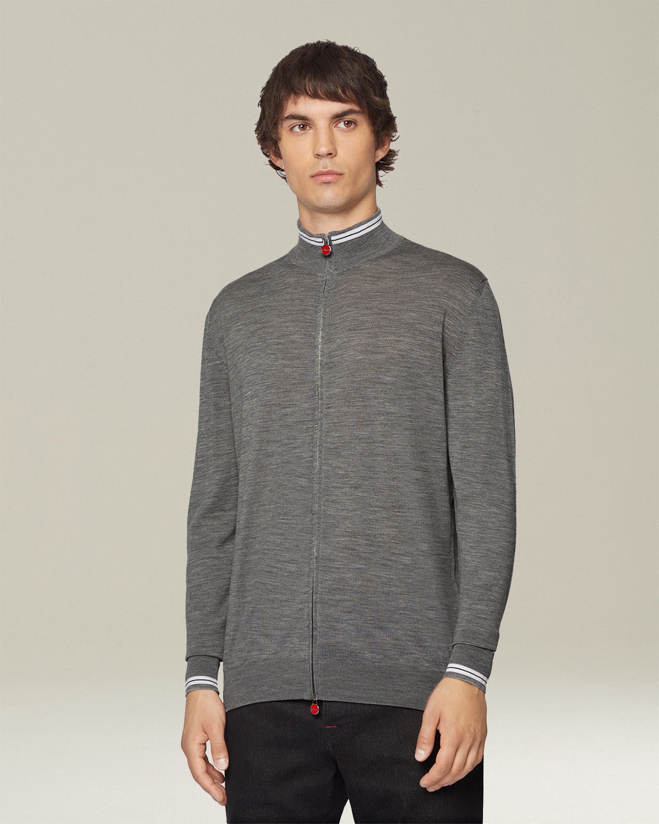 Kiton Sporty Wool Cardigan Strickjacke Wolle Kontrast