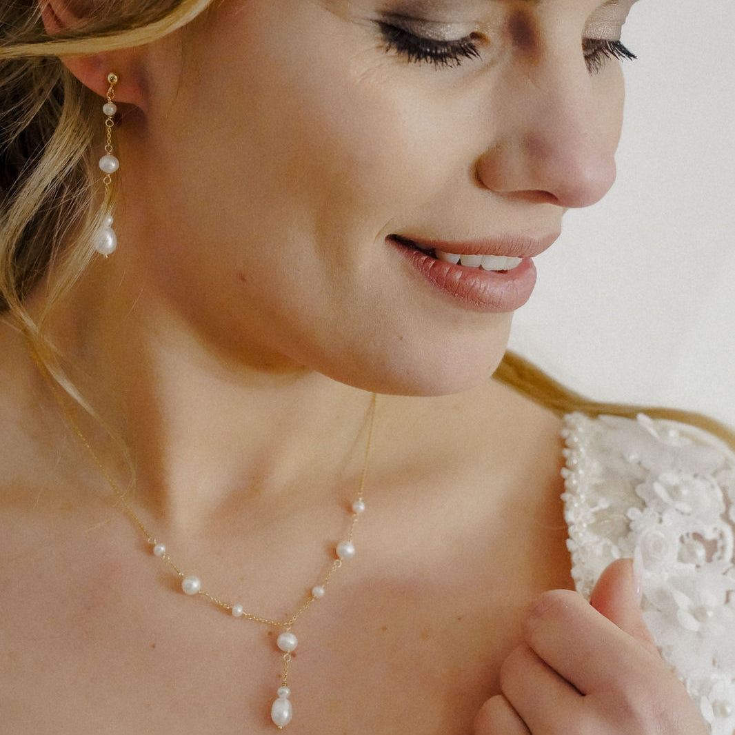 Perlenbräute Joy Brautschmuck Set Perlen Gold Ohrringe Y-Kette