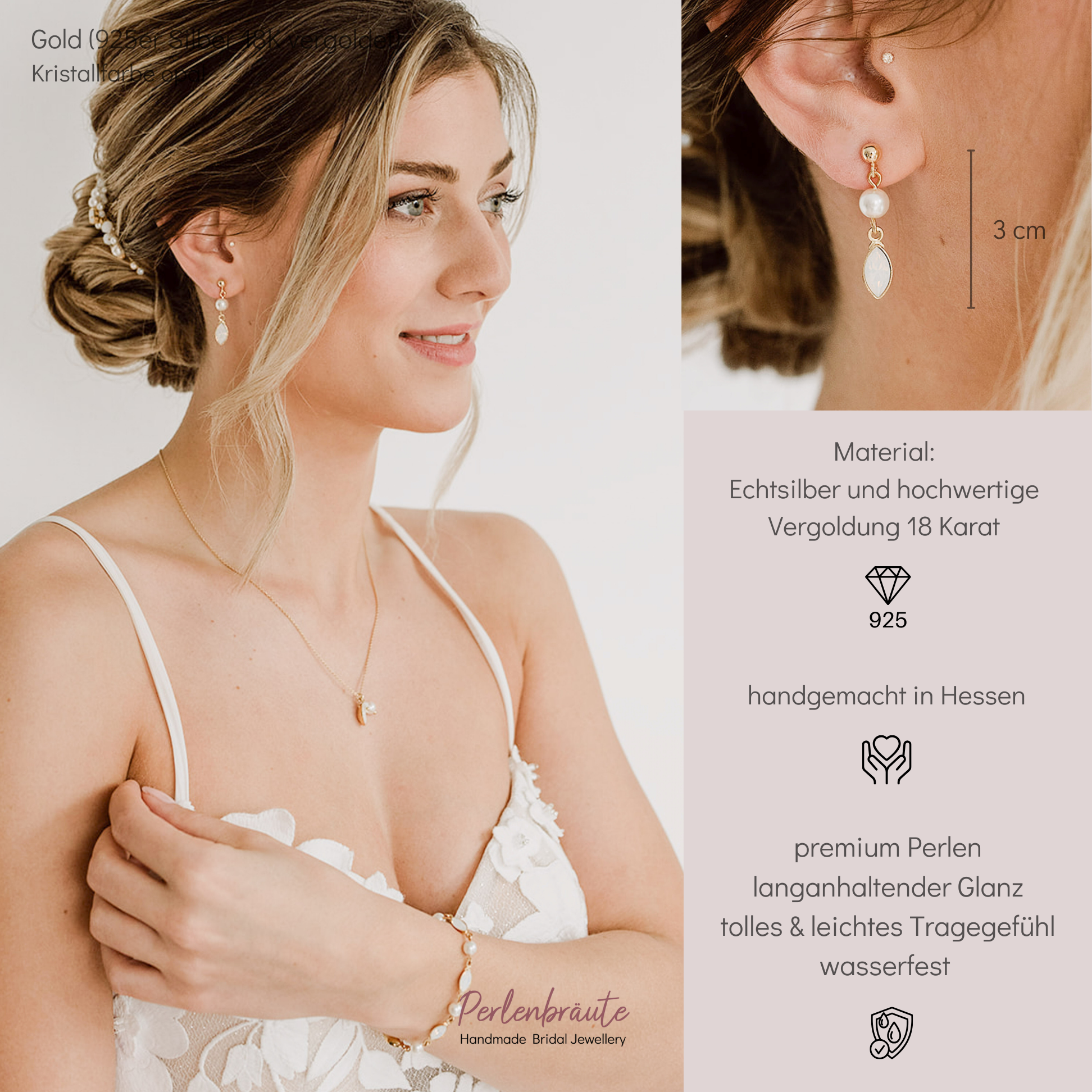 Perlenbräute Kylie Ohrringe Gold Perle Kristall white opal