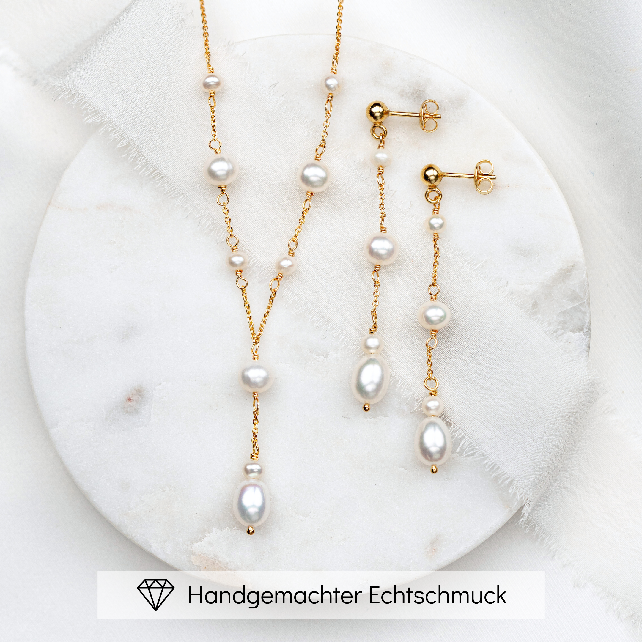 Perlenbräute Joy Brautschmuck Set Perlen Gold Ohrringe Y-Kette