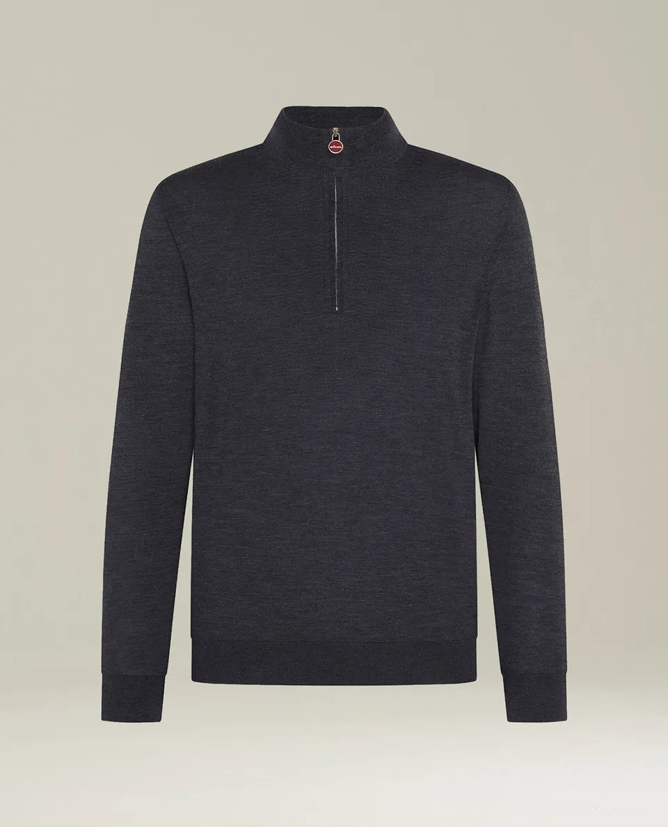 Kiton Knitwear Wollpullover Anthrazit mit Halbreissverschluss