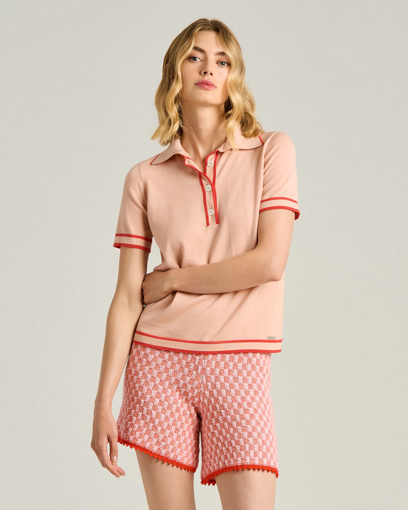 Kiton Polo Seiden Poloshirt Pfirsichrosa Kontrast