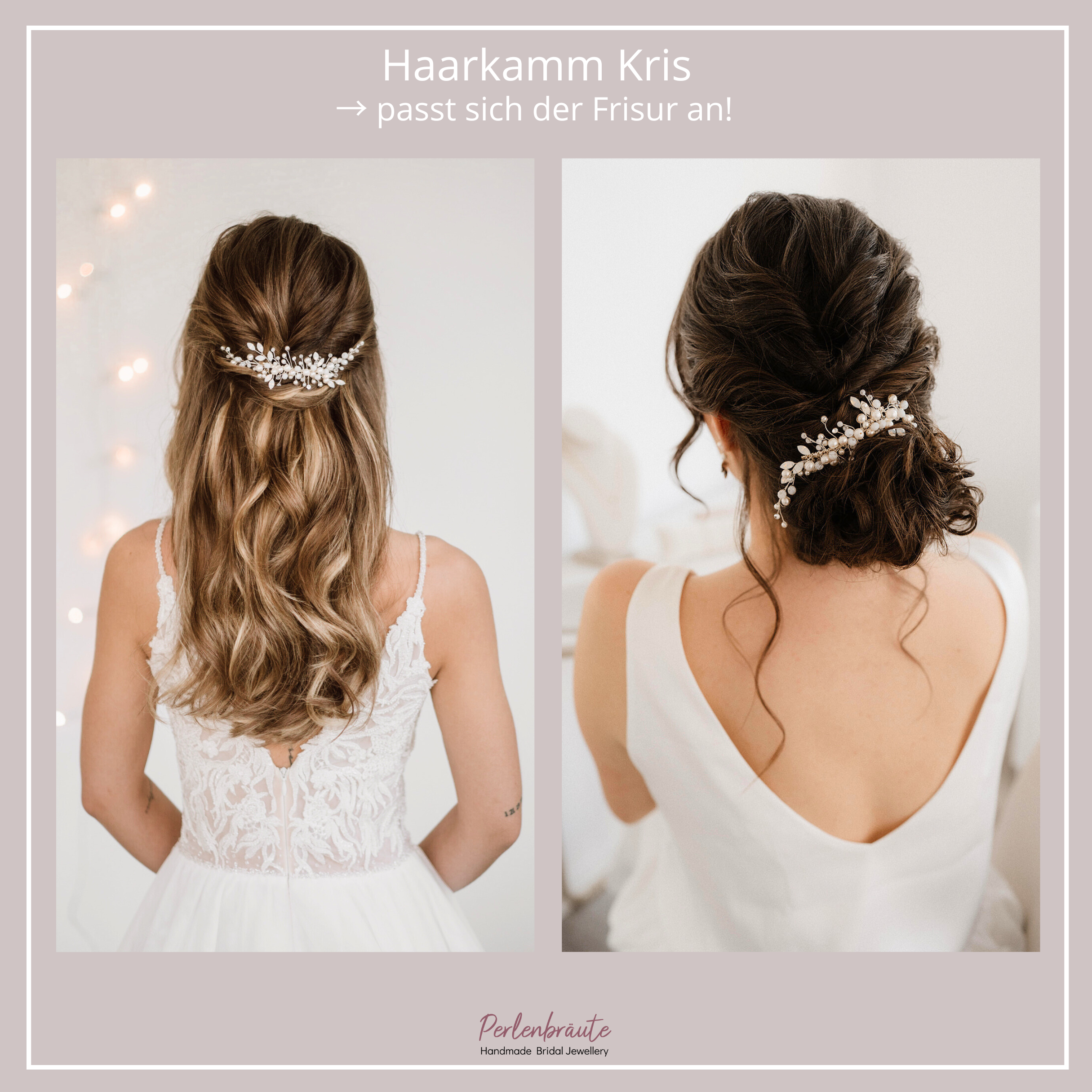 Perlenbräute Kris Haarkamm Perlen Gold White Opal 13cm