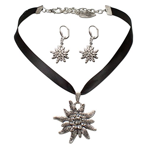 Alpenflüstern Daheim SET020 Trachtenset schwarz Satin Edelweiss