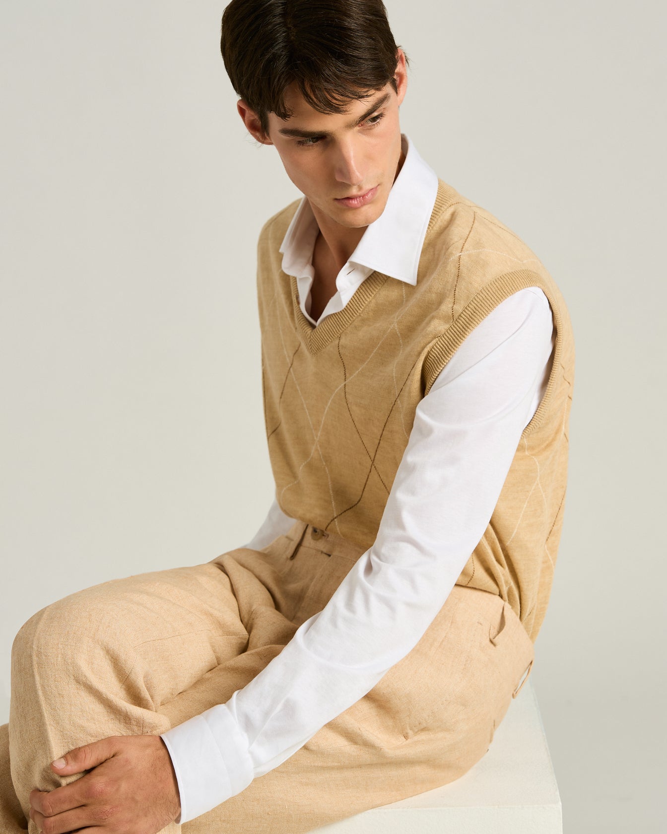 Kiton Gilet Pullunder Leinen Beige Rautenmuster L
