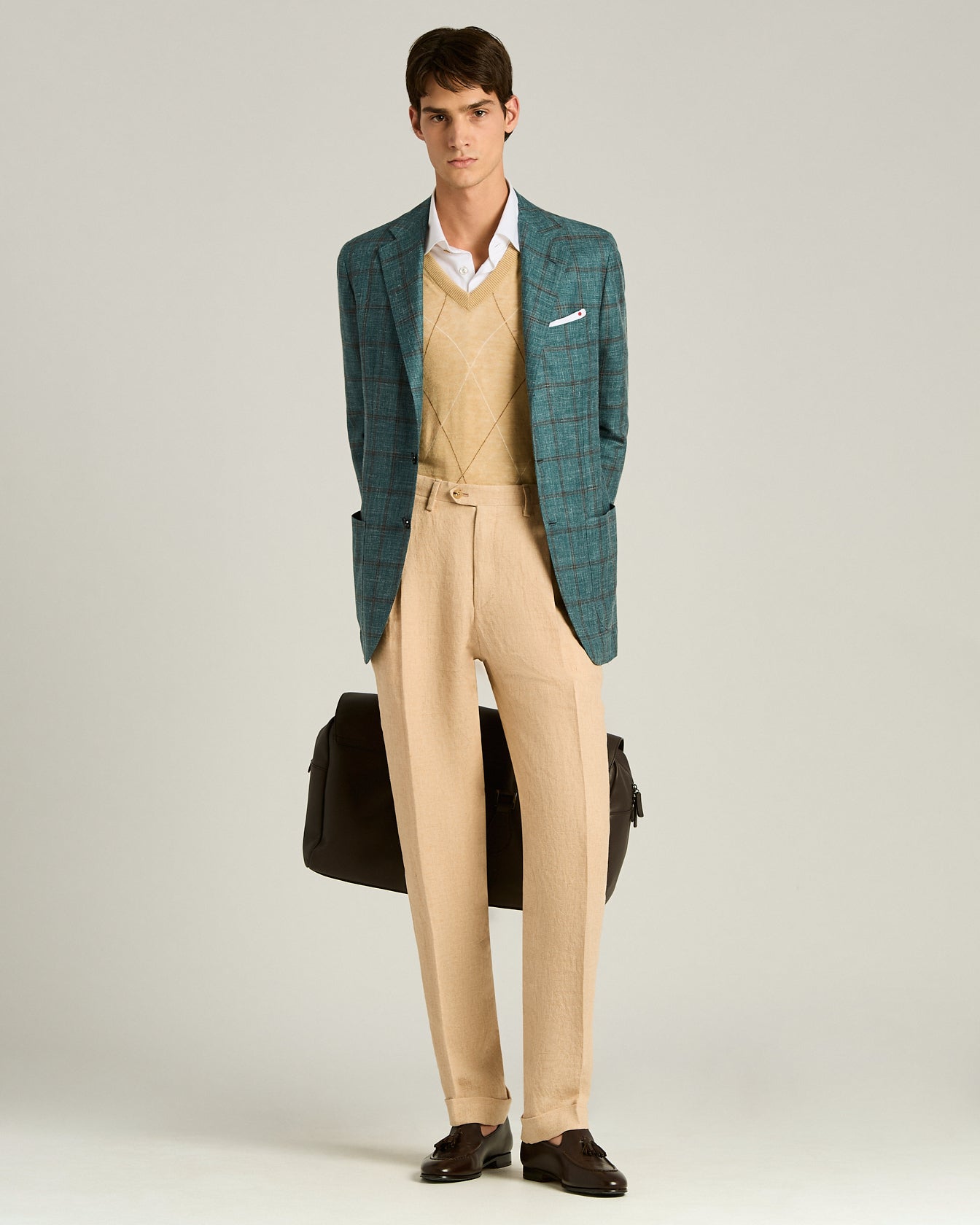 Kiton Gilet Pullunder Leinen Beige Rautenmuster L