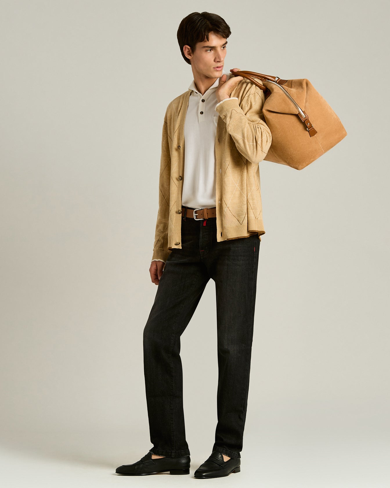 Kiton Cardigan Leinen Beige Rautenmuster
