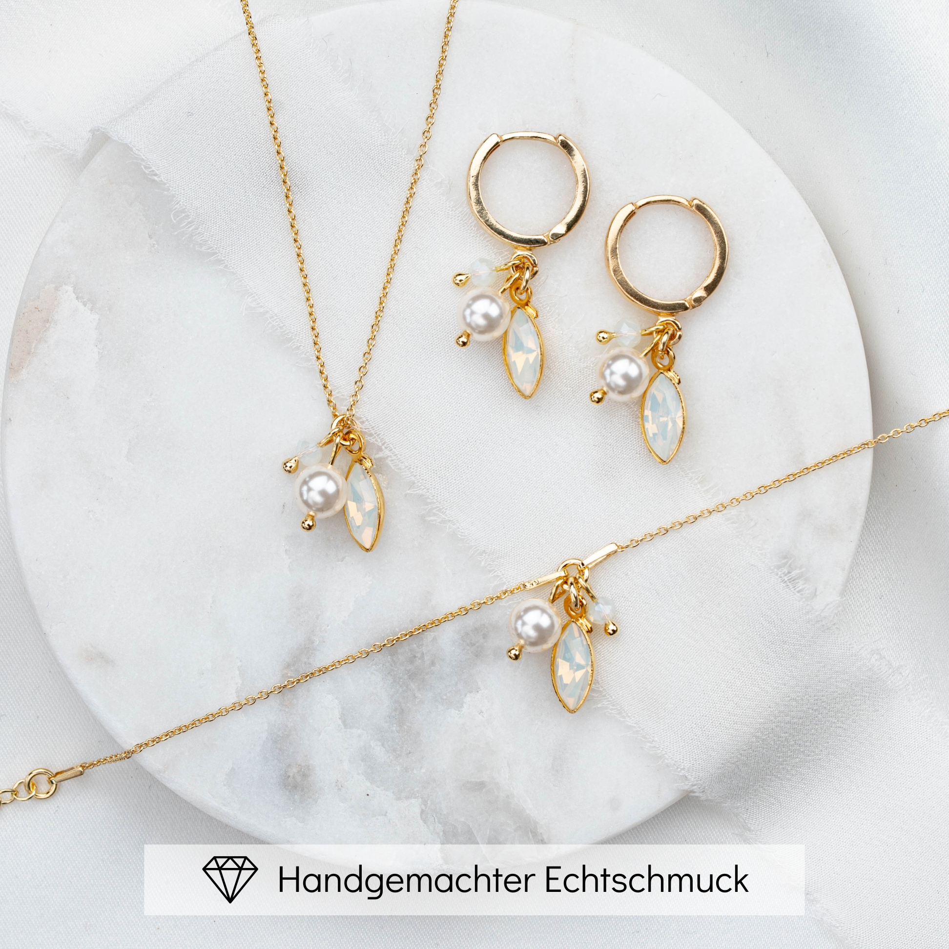 Perlenbräute Kylie Brautschmuck Set Silber white opal 45cm