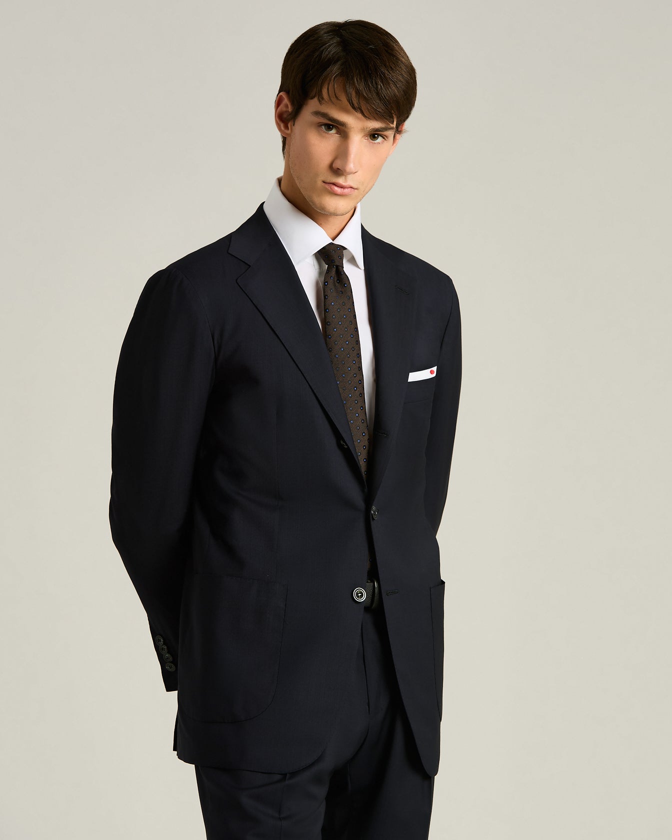 Kiton Krawatte Seide Tupfen blau auf braun 148cm