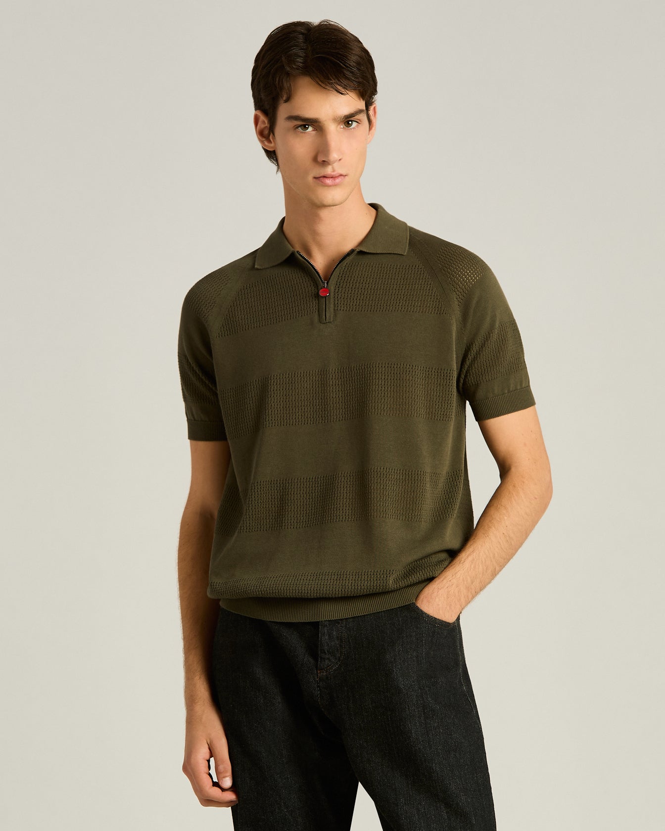 Kiton Zip Polo Kurzarm L Baumwolle Lochmuster Reissverschluss