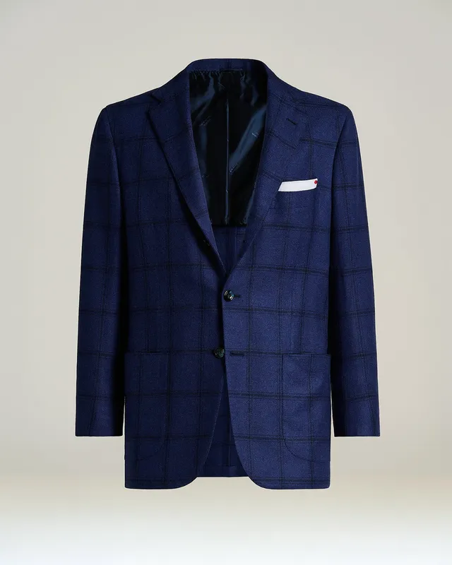 Kiton Blue Checked Pure Cashmere Sakko Kaschmir kariert blau