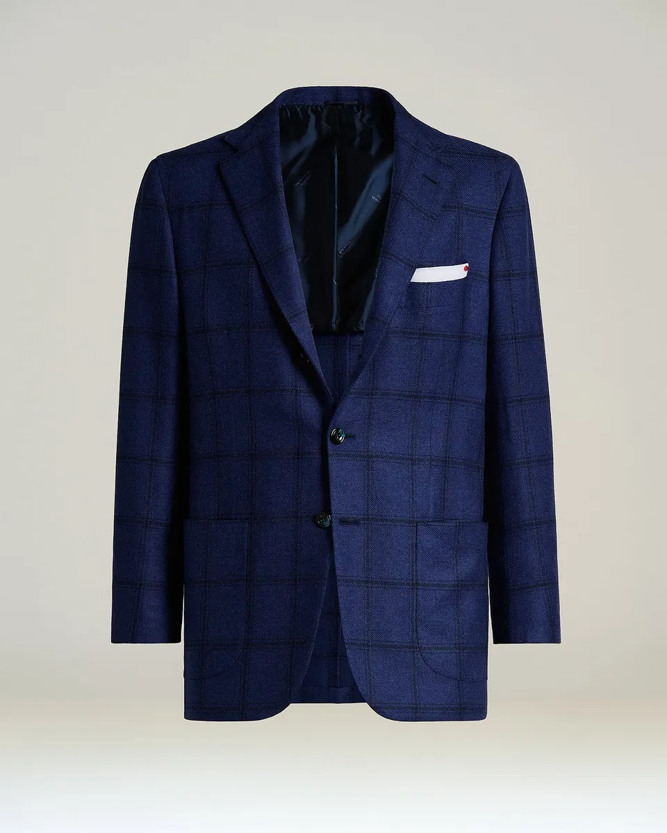 Kiton Blue Checked Pure Cashmere Sakko Kaschmir kariert blau