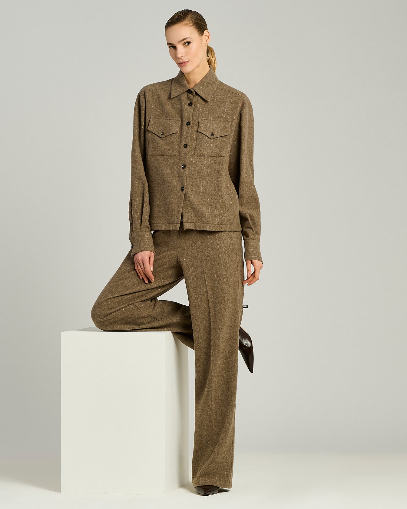 Kiton Wide-Leg Hose dunkelbeige Wolle Kaschmir