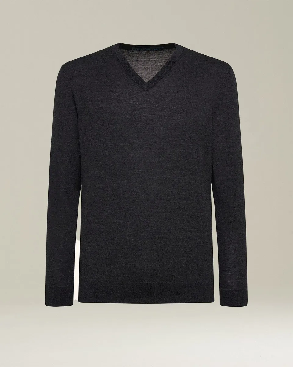 Kiton V-Neck Pullover Wolle 14 Micron Grau