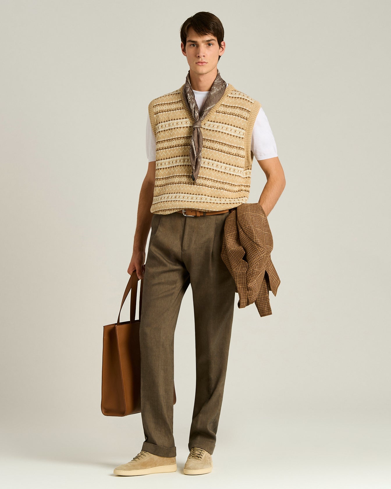 Kiton Gilet Leinen Pullunder Beige Braun V-Ausschnitt
