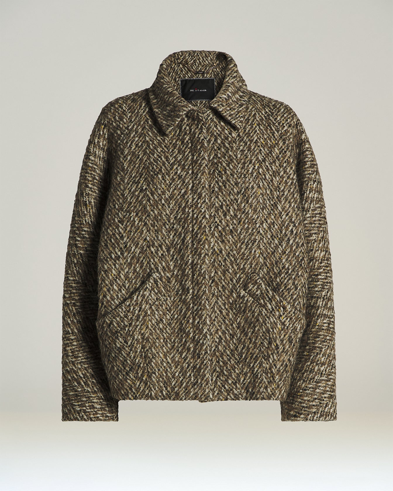 Kiton Cropped Mantel Wolle Beige Fischgrät 42