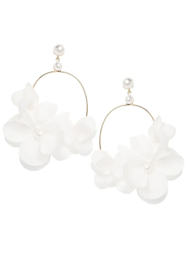 Elizabeth Bower Organna Floral Hoop Earrings Rhodium Ivory