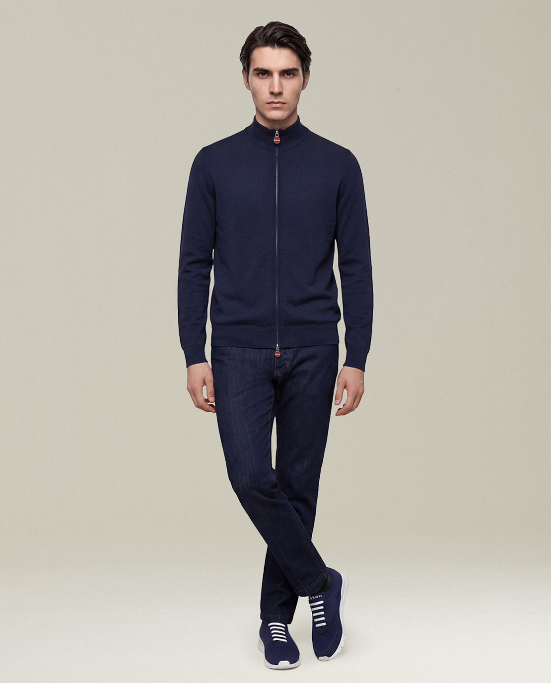 Kiton Jackets Navy Blue High-Collar Zip Jacke Wolle navy