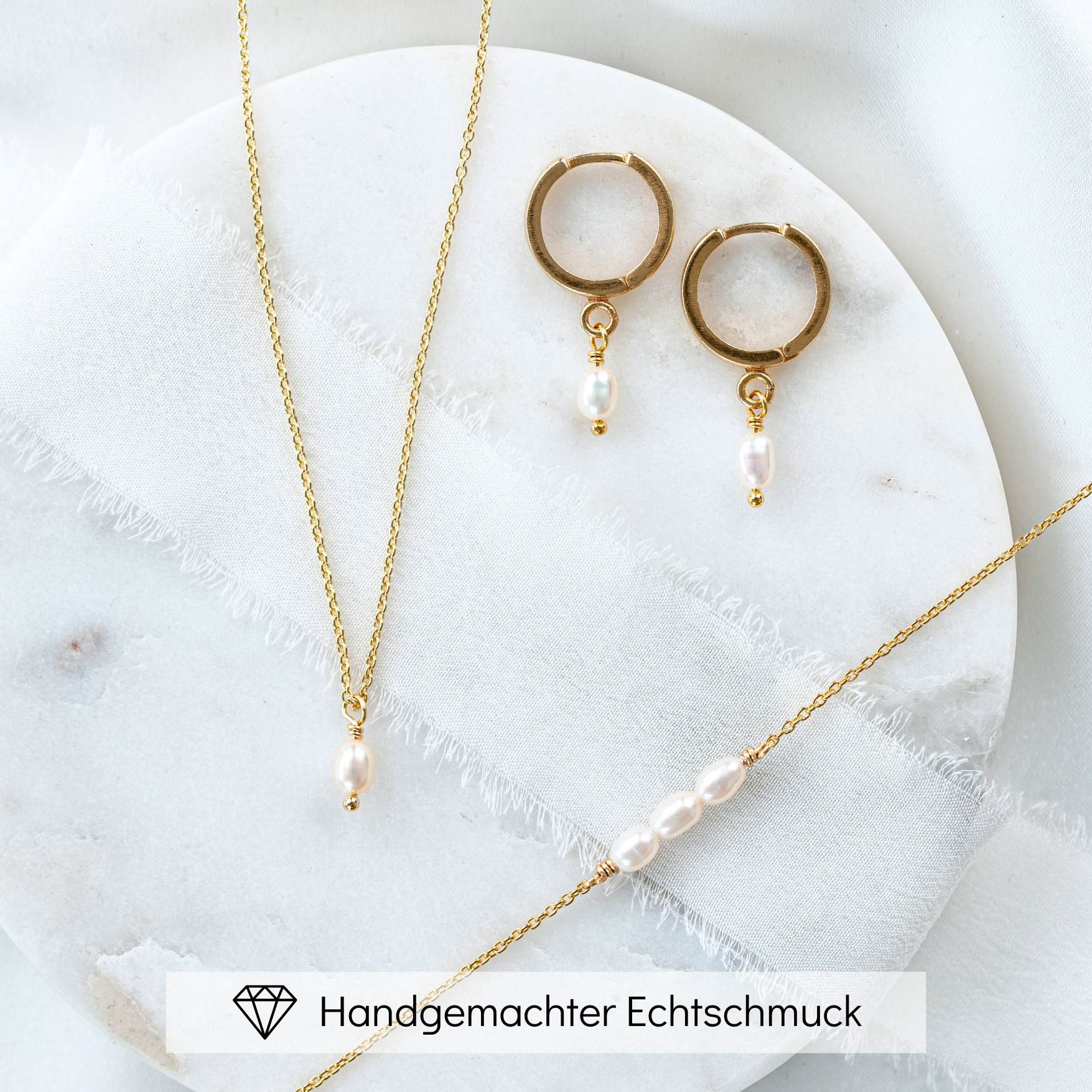 Perlenbräute Amelie Brautschmuck Set Süßwasserperle Gold 45cm