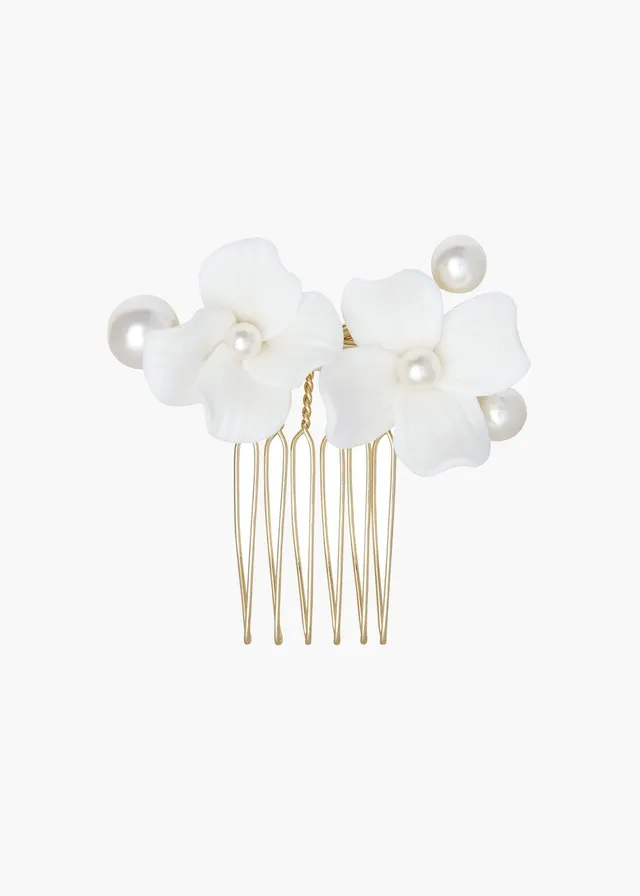 Elizabeth Bower Weiss Pearl Brauthaarkamm Gold Porzellanblumen