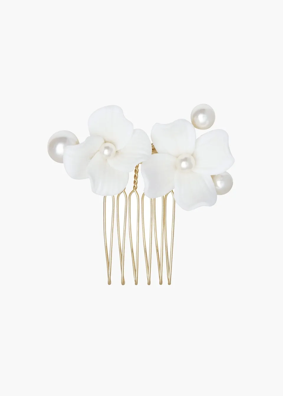 Elizabeth Bower Weiss Pearl Brauthaarkamm Gold Porzellanblumen