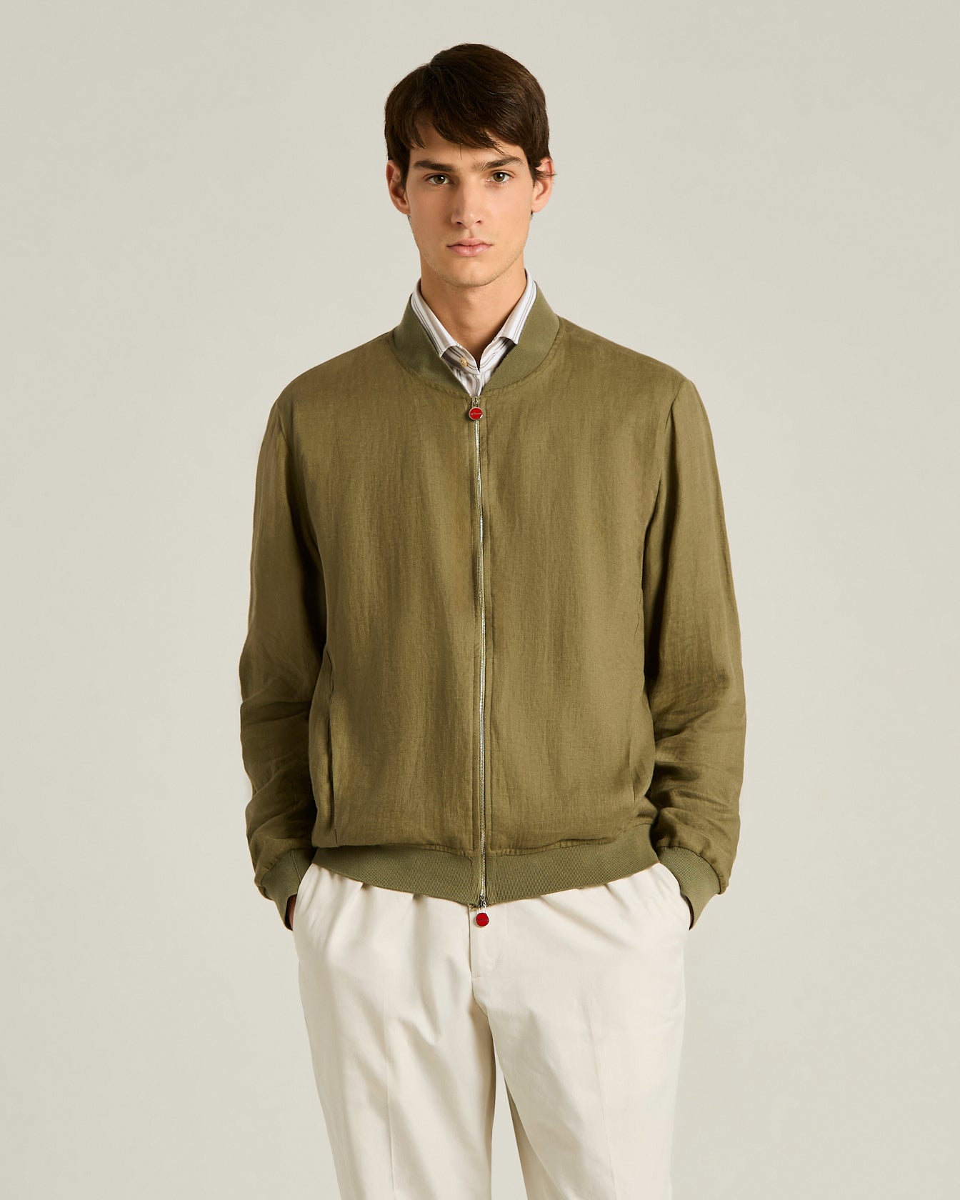 Kiton Linen Jacket Jacke Leinen Khaki Zip Sommer